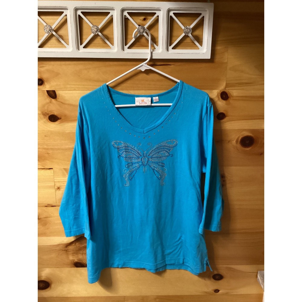 Quacker Factory Womens 1X Turquoise Blue Rhinestone Butterfly 3/4 Sleeve Top